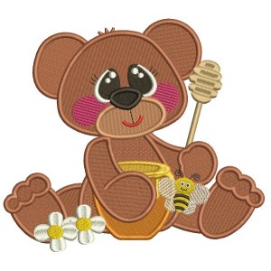 Cute Bear With Honey And a Bee Filled Machine Embroidery Design Digitized Pattern